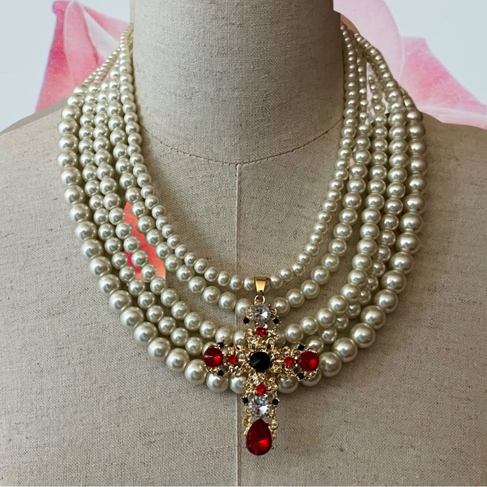 Multi Strand Crystal Ruby Cross Necklace One Of A Kind